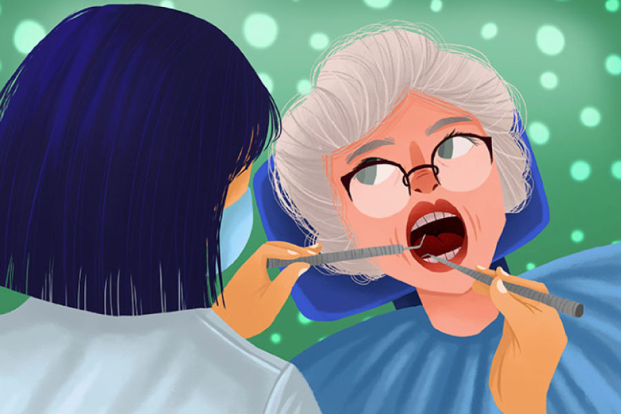 Cartoon of a white haired woman in the dental chair getting a dental exam & oral cancer screening