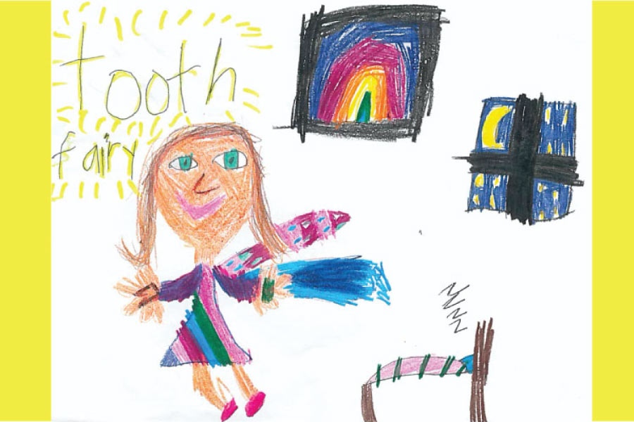 A child's drawing of a winged tooth fairy in a bedroom with a moon in the window and a rainbow picture on the wall.