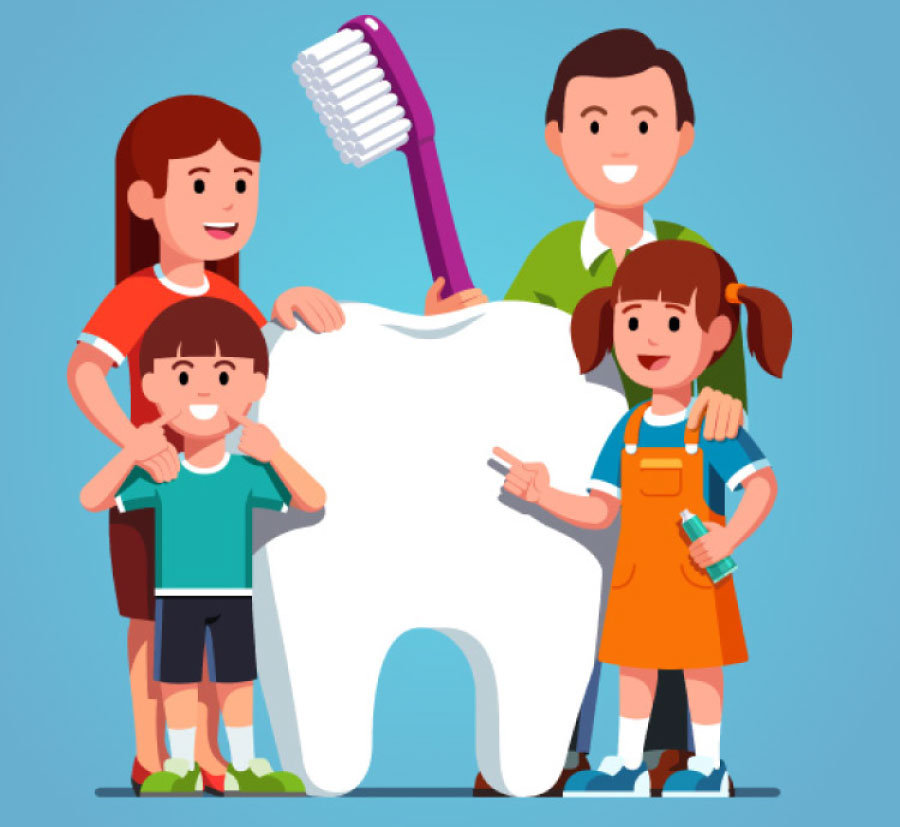 Cartoon family standing next to an oversized tooth and toothbrush.